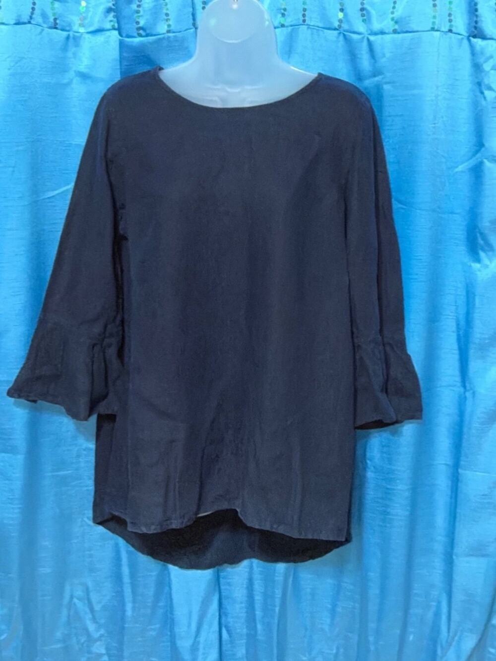 Crown Linen Designs Blue Ruffle Bell Sleeve Tunic Top Blouse Women's M